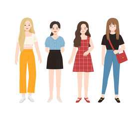 Obraz premium Group of young people flat cartoon characters isolated on white background. Happy teenager in casual clothes.