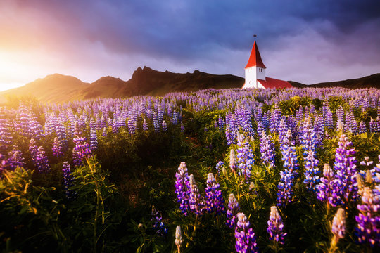 Great view of Vikurkirkja christian church. Location place Vik i Myrdal village, Iceland, Europe. © Leonid Tit