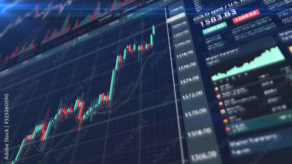 Poster stock market trading, forex, crypto currency with technical price graph indicators and data numbers 