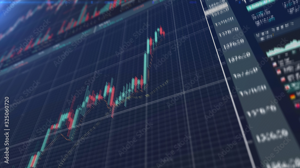 Poster stock market trading, forex, crypto currency with technical price graph indicators and data numbers 