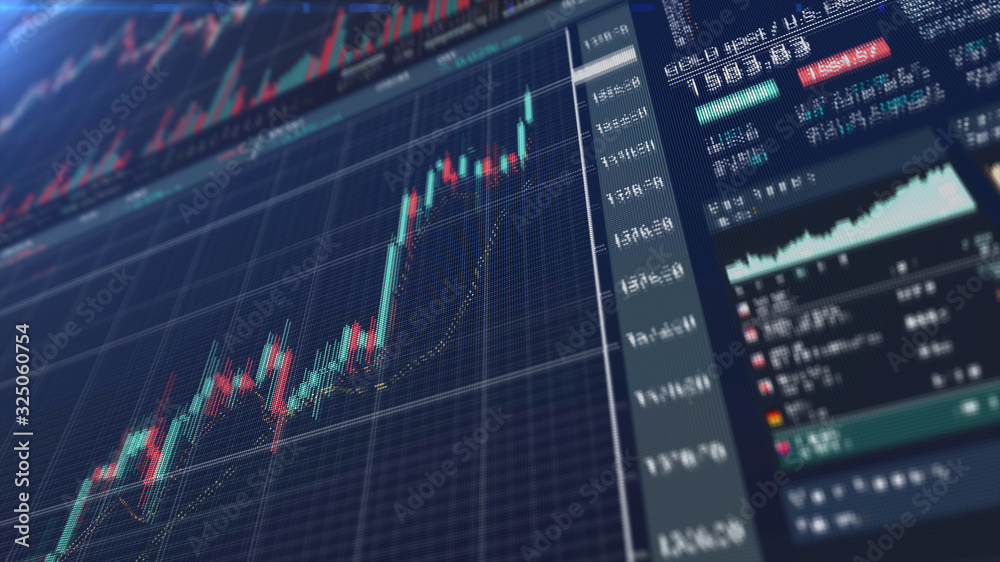 Poster stock market trading, forex, crypto currency with technical price graph indicators and data numbers 