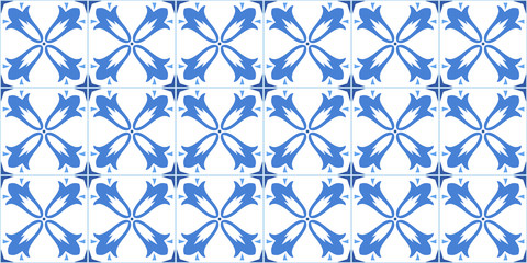 ceramic tile with floral design, blue-white seamless pattern. vector