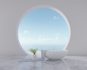 Sea view from circle window with bathtub and vase on towel.Modern interior design. 3d rendering