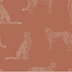 Cheetah hand drawn vector seamless pattern. Wild exotic cat sketch backdrop. Jaguar inky drawing. Animalistic textile print, leopard wallpaper design