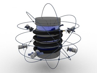 3d illustration Space satellite orbit with aux cable connected database