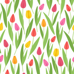 Obraz premium Colored tulips on a white background vector seamless pattern.