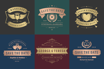 Obraz premium Zaproszenia ślubne zapisują logo daty i odznaki wektor zestaw eleganckich szablonów