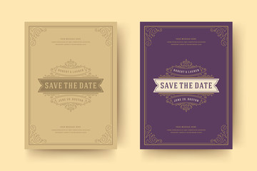 Wedding invitation save the date card template flourishes ornaments vignette swirls