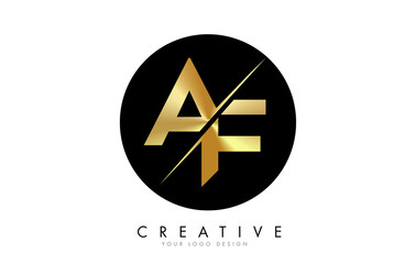 AF A F Golden Letter Logo Design with a Creative Cut.