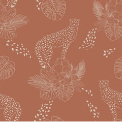 Cheetah on rocks hand drawn vector seamless pattern. Wild cat, exotic flowers and leaves sketch on leopard spots backdrop. Jaguar inky drawing. Animalistic textile print, botanic wallpaper design