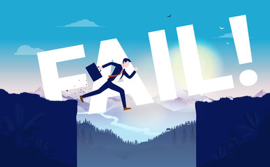 Business fail - Stumbling business man or manager falling off a cliff. The word fail! is spelled in the background. Corporate failure, economic crisis, disaster concept. Vector illustration.