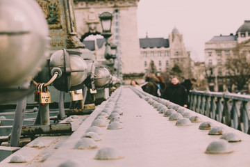 Love locks locked on famous Budapest bridge.