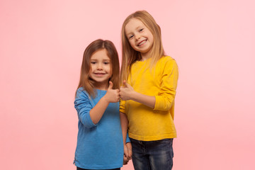 Children showing like, approval sign. Two adorable happy little girls gesturing thumbs up together and smiling to camera, excellent feedback, good job. indoor studio shot isolated on pink background