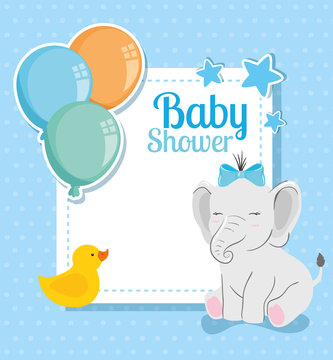 baby shower card with cute elephant and decoration vector illustration design