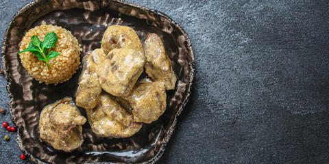 liver cream stew, creamy sauce (chicken liver, healthy diet eating) menu concept background. top view. copy spaces