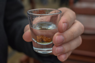 Closeup of male hand holding vodka glass with vodka and plum inside