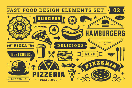 Street and fast food signs and symbols with retro typographic design elements vector set for restaurant menu decoration.