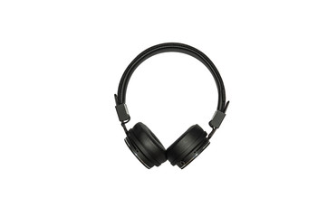 Black wireless bluetooth headphones isolated on white background. Black leather ear pads with...