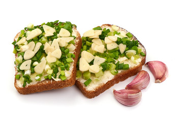 Rye bread with green onion, isolated on white background