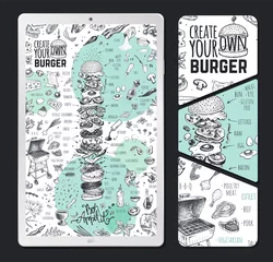 Papier Peint photo Bar Modèle de conception de menu Burger sur tablet pc pour restaurant et café. Icônes de cuisine doodle dessinés à la main vintage pour infographie sur fond blanc. Illustration de style vecteur hipster croquis de hamburger