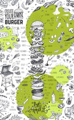 Burger menu design template for restaurant and cafe. Vintage hand drawn doodle cooking icons for infographic on white green background. Vector hipster sketch style illustration of hamburger layout