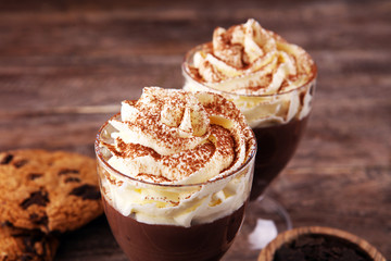 hot chocolate with cocoa and chocolate chip cookies and whipped cream