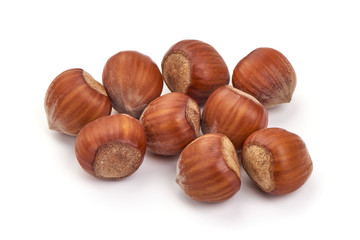 Raw Natural Organic hazelnuts, isolated on white background