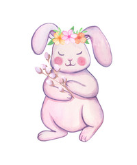 Watercolor hand drawn cute easter bunny with flowers and willow . Easter illustration.Rabbit bohemian style, isolated boho illustration on white.