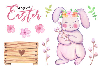 Watercolor hand drawn cute easter bunny with flowers and willow .Wooden box. Easter illustration.Rabbit bohemian style, isolated boho illustration on white.