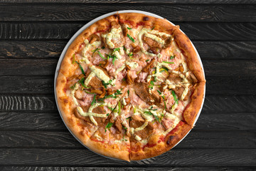 Overhead view of pizza on the table
