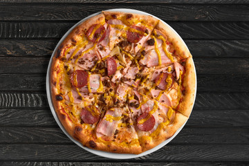 Overhead view of pizza on the table