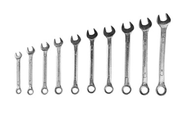 set of steel wrenches arranged in ascending order. Isolated on a white background.