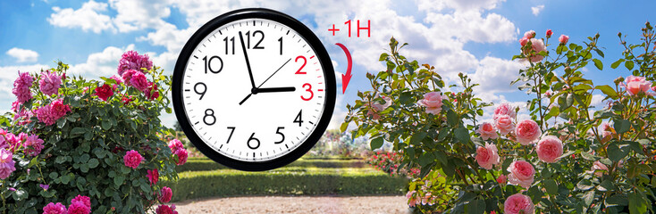 Daylight Saving Time (DST). Blue sky with white clouds and clock. Turn time forward (+1h).