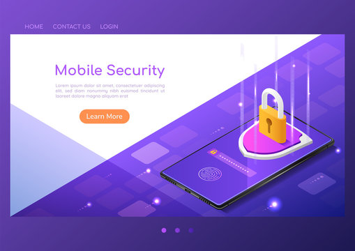 Isometric web banner shield with lock and finger print scan system on smartphone