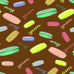 Bright yummy seamless pattern of collection macaroons on chocolate brown background. Vector illustration for confectionery, bakery, for packaging, for delivery boxes.