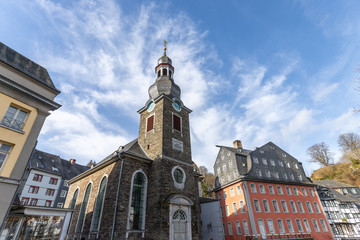 Wide angle view of the evangelical church in Monschau