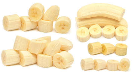 Collection banana slice isolated on white background. Top view, flat lay