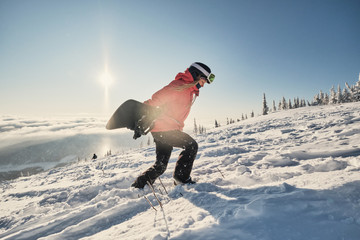 Female snowboarder holding snowboard on mountain slop, preparing to snowboarding. Sunny winter day...