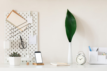 Stylish desk interior with White table background with plant and leaves. Modern home office interior