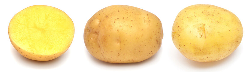 Collection young potato whole and half isolated on white background. Harvest new. Flat lay, top view