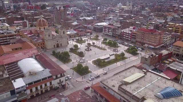 aerial drone view of the central square of Huancayo