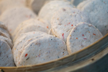 Famous appetizer food in Thailand, Stremed Vietnamese Pork Sausage over basket.