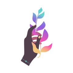 Vector concept illustration with hand holding a plant in bright liquid gradient. Trendy vector illustration.