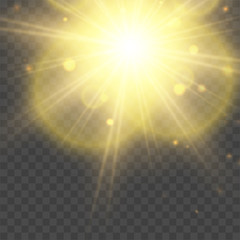 Yellow glowing light explodes on a transparent background. Sparkling magical dust particles. Bright Star. Transparent shining sun, bright flash. Vector sparkles.