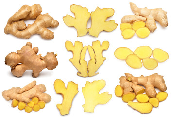 Collection fresh ginger root whole and slice isolated on white background. Creative medical concept, spice in cooking. Perfectly retouched, full depth of field on the photo. Top view, flat lay