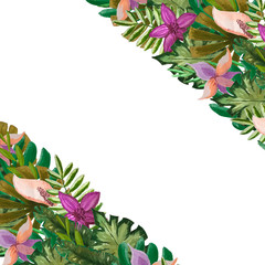 Seamless tropical flower frame. Botanical hand-drawn watercolor illustration. Design for packaging, weddings, fabrics, textiles, Wallpaper, website, postcards. © Михаил Собянин