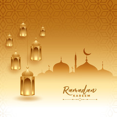 ramadan kareem festival card with mosque and lamps
