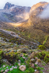 Barranco Camp. View from the Lemosho trail, the most scenic trail on mount Kilimanjaro, Tanzania