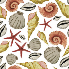 Seamless pattern with sea shells. Hands gouache illustration. Marine pattern, design for wallpaper, fabrics, textiles, packing.