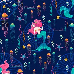 mermaid pink and green with under sea life illustration cartoon doodle design for seamless pattern vector with deep blue color background 